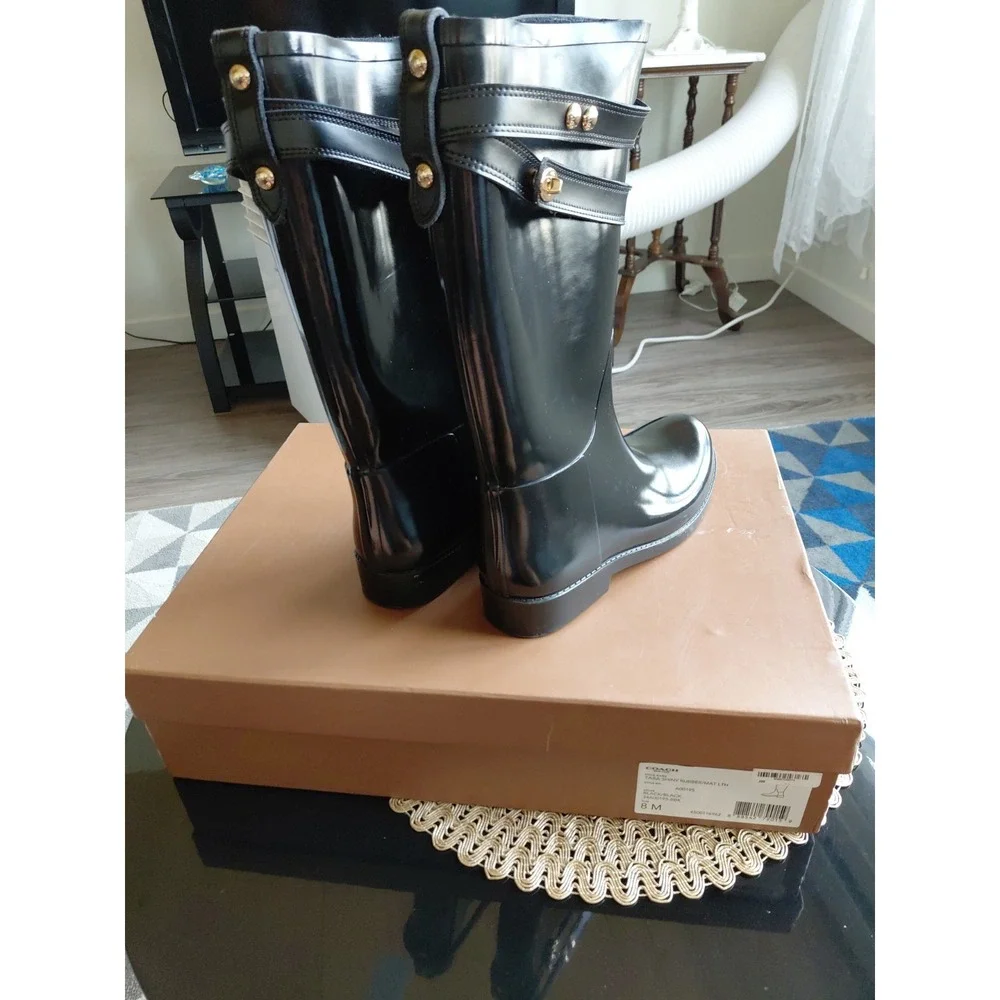 Coach Tara Tall Black Gloss Rubber Rain Boots Size 8 /38